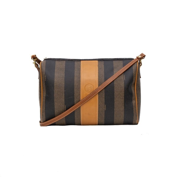 Fendi Vintage Pequin Stripe Coated Canvas Crossbody Shoulder‎ Bag Brown Tan